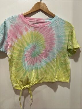 Tie-Dye Front Tie Crop Top - Pastel Pink, Blue & Yellow